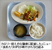 カロリー控えめな健康に配慮したメニュー1食あたり20円が寄付される仕組み <hr width=